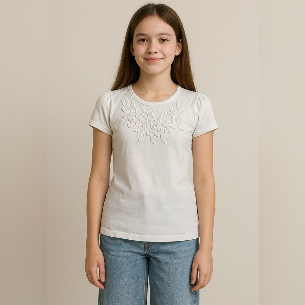 👚🌺 J. Khaki Girls Tee 12/13 – White Blouse Top w/ 3D Flowers & Back Tie Detail
